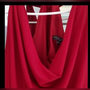 Halston Heritage Red Drape Scoop Neck Sleeveless Faux Wrap Formal Maxi Dress